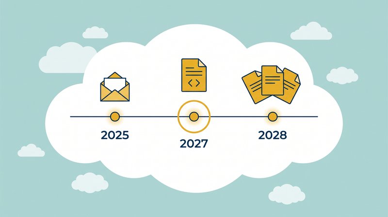 Zeitstrahl der E-Rechnungspflicht: Empfangspflicht seit 2025, Ausstellungspflicht ab 2027 für Unternehmen über 800.000 Euro Umsatz, ab 2028 für alle