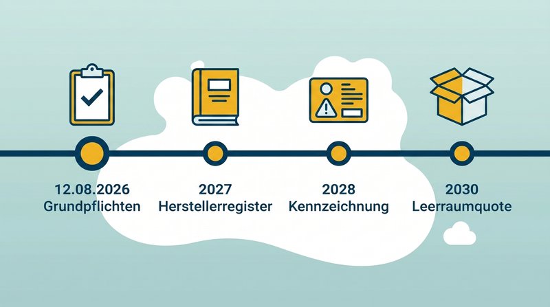 PPWR-Timeline: Grundpflichten ab 12. August 2026, EPR-Herstellerregister ab 2027, Piktogramm-Kennzeichnung ab 2028, Leerraumquote und Formatverbote ab 2030