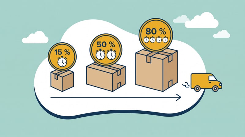 Prime durch Verkäufer: Amazons Lieferziele ab 7. September 2026 als drei wachsende Pakete mit Stoppuhren. 15 % der Angebote brauchen ein Lieferversprechen von höchstens einem Tag, 50 % höchstens zwei Tage und 80 % höchstens vier Tage; rechts fährt der Lieferwagen los.
