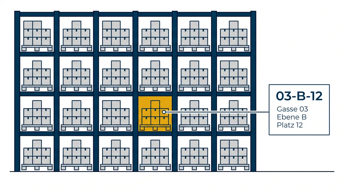 Schema eines Hochregallagers: Lagerplatz-Adresse 03-B-12 aus Gasse, Ebene und Platz