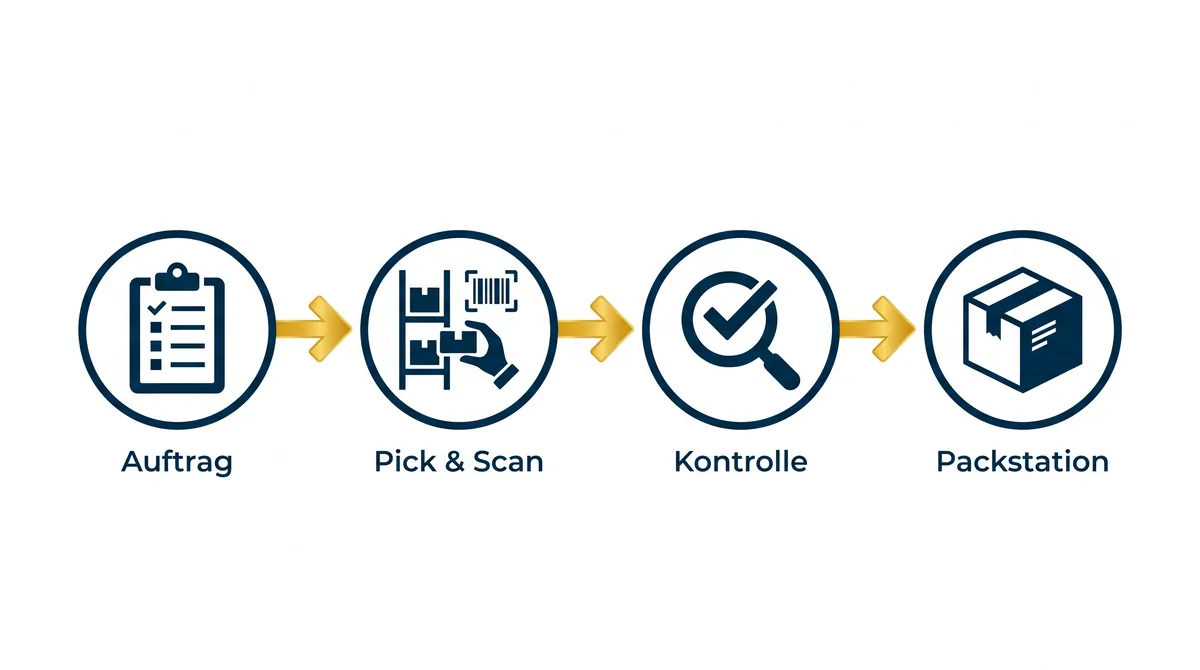 Ablauf der Kommissionierung in vier Schritten: Auftrag, Pick und Scan, Kontrolle, Packstation