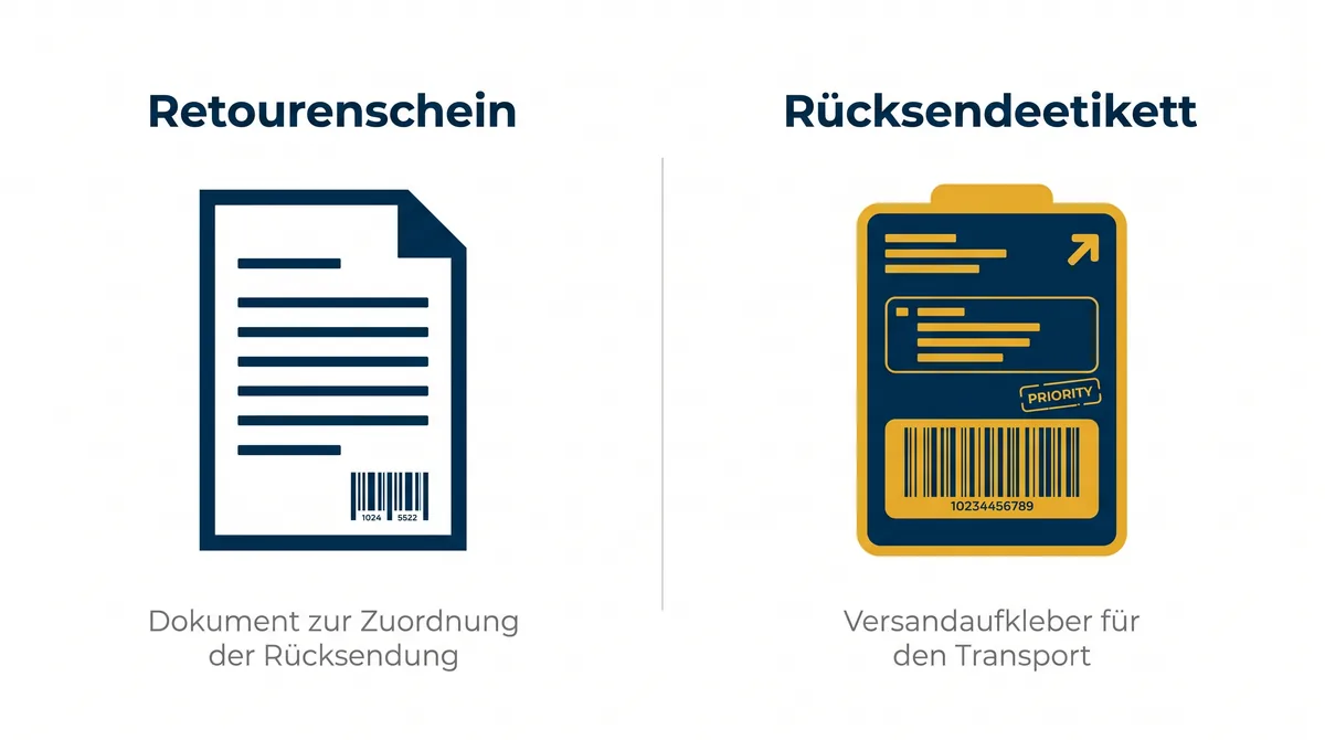 Vergleich: Retourenschein als Dokument zur Zuordnung der Rücksendung, Rücksendeetikett als Versandaufkleber für den Transport
