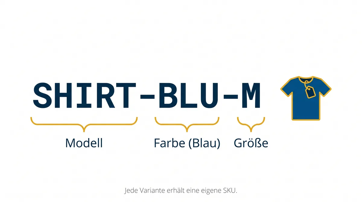 Aufbau einer SKU am Beispiel SHIRT-BLU-M: Segmente für Modell, Farbe und Größe