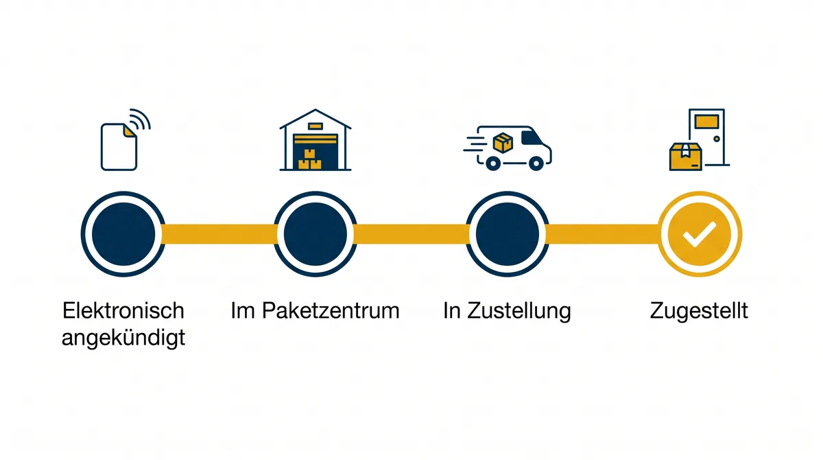 Statuskette einer Sendung: elektronisch angekündigt, im Paketzentrum, in Zustellung, zugestellt